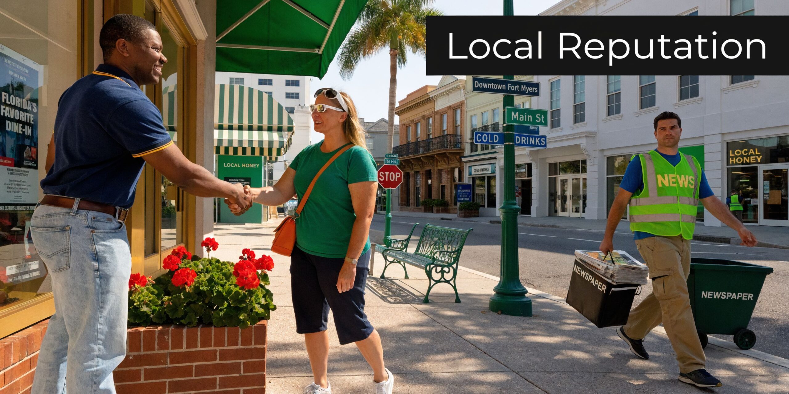 A man shaking hands with a woman on a sunny downtown street with a newspaper delivery person nearby.
