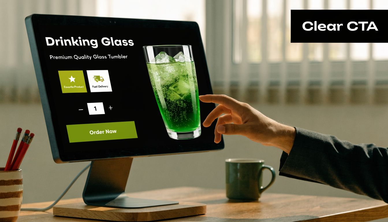 A hand interacting with an e-commerce website showing a green drinking glass with an order button.