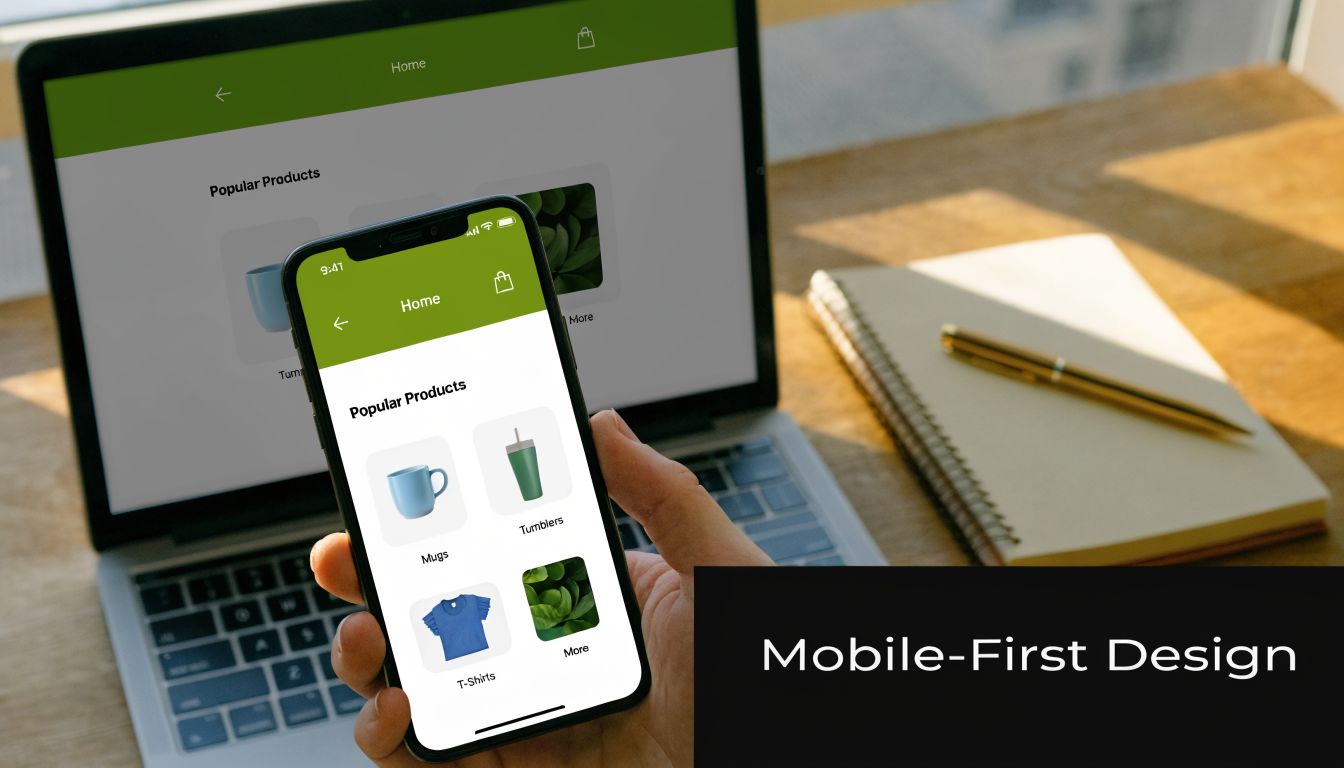 A smartphone held in hand displaying a mobile-first ecommerce interface with a laptop in the background.