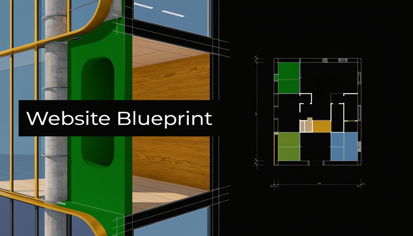 A 3D visualization showing a modern building structure next to an architectural floor plan for website design.