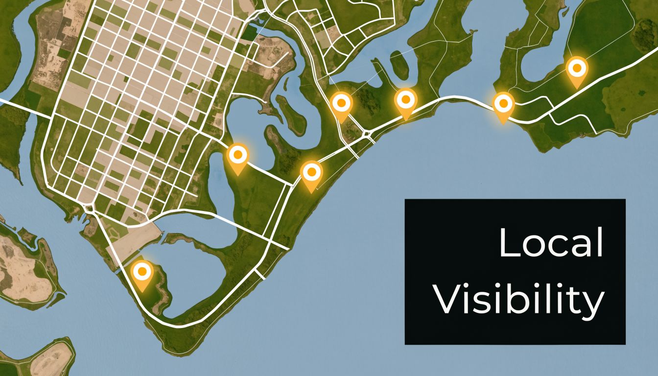 A digital map showing marked locations along a coastline to represent local visibility in Cape Coral.