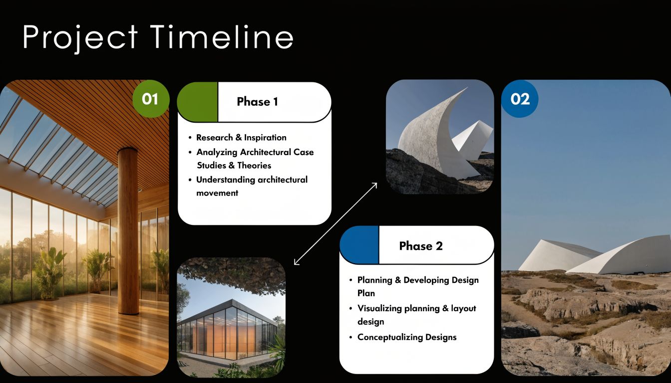 A visual project timeline slide showcasing two phases of architectural design research and planning development stages.