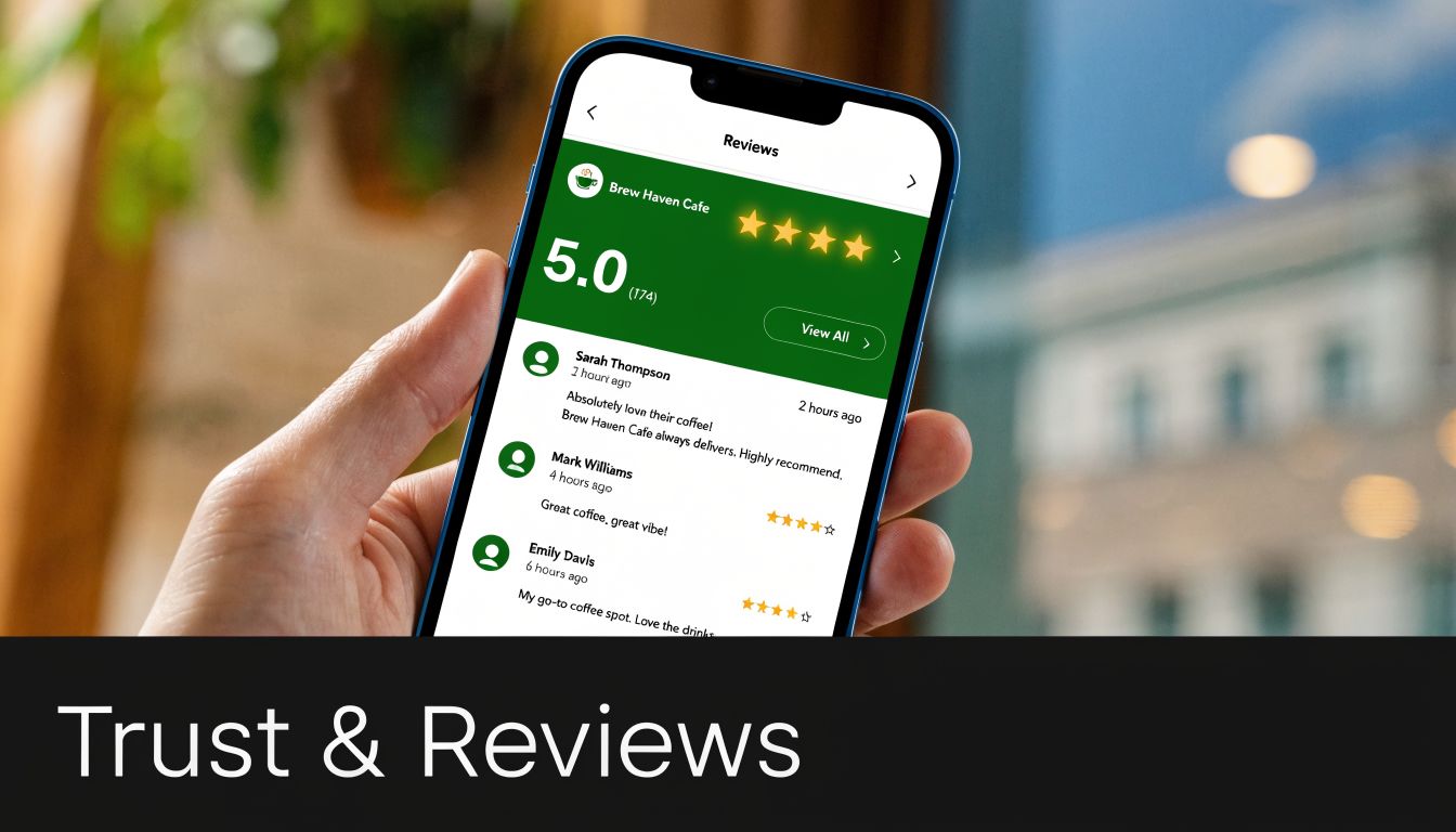 A hand holding a smartphone displaying customer reviews for a cafe on a mobile app interface.