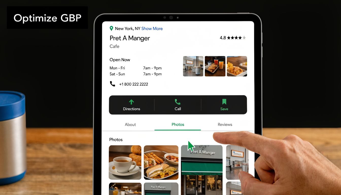 A person using a tablet to view the Google Business Profile page for a cafe called Pret A Manger.