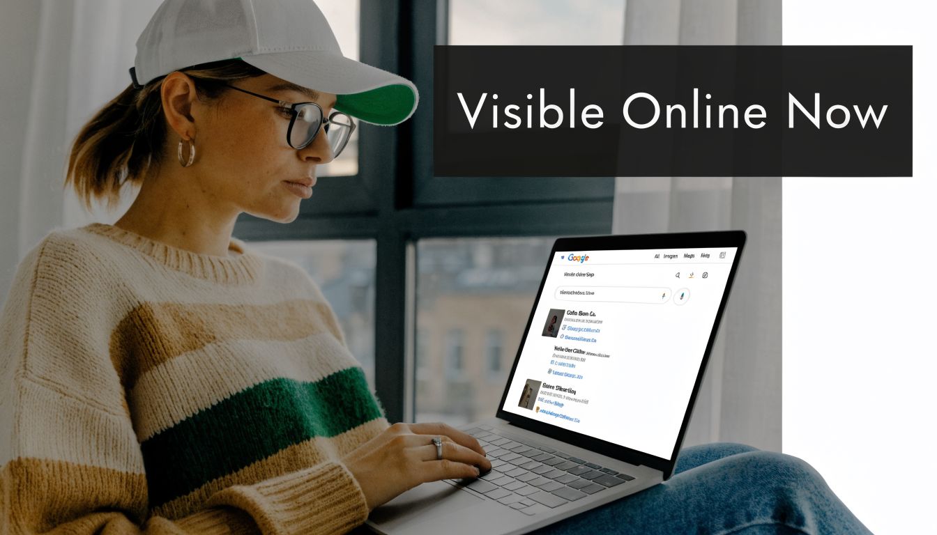 A woman wearing glasses and a cap using a laptop to search for local business information online.