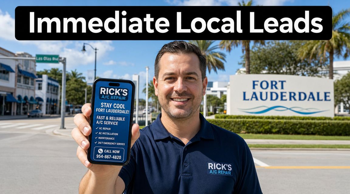 A professional man holding a phone advertising Rick's A/C Repair services in Fort Lauderdale, Florida.