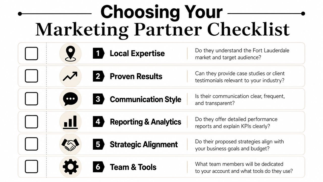 A checklist for businesses to follow when choosing a digital marketing partner in Fort Lauderdale, Florida.