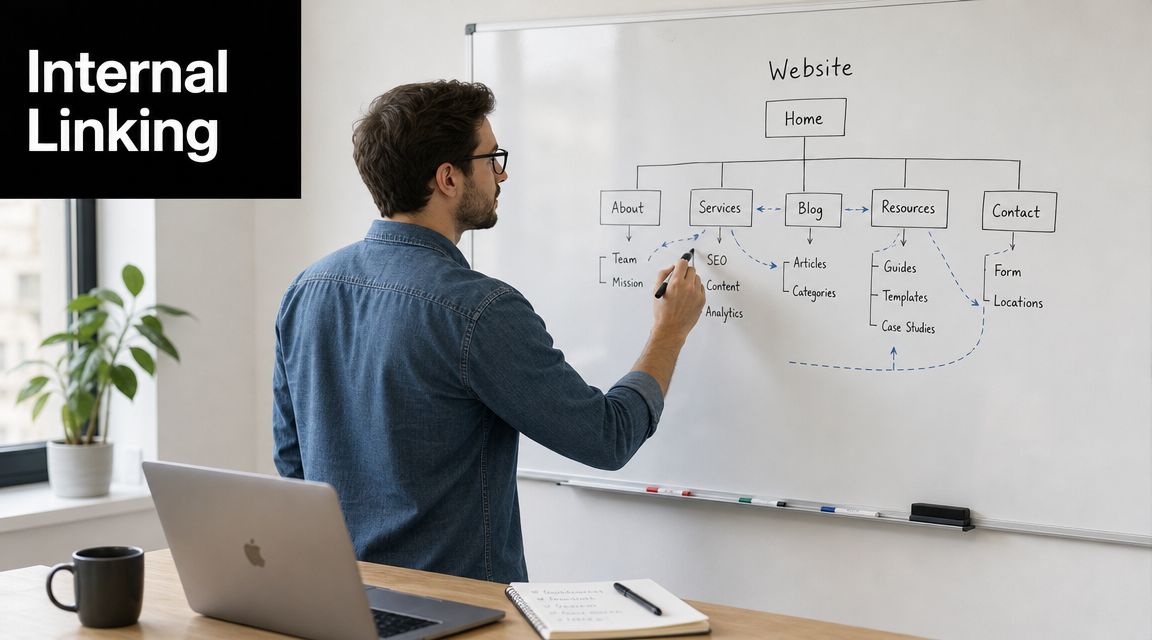 A professional man drawing an internal linking diagram on a whiteboard for a website structure strategy.