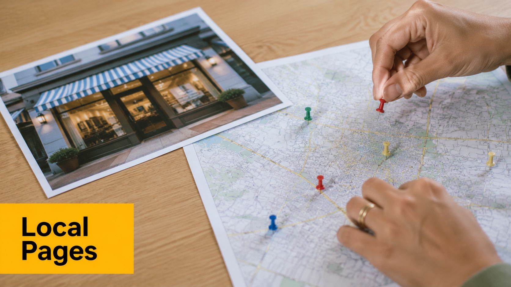 A person using push pins on a city map next to a photo of a storefront.