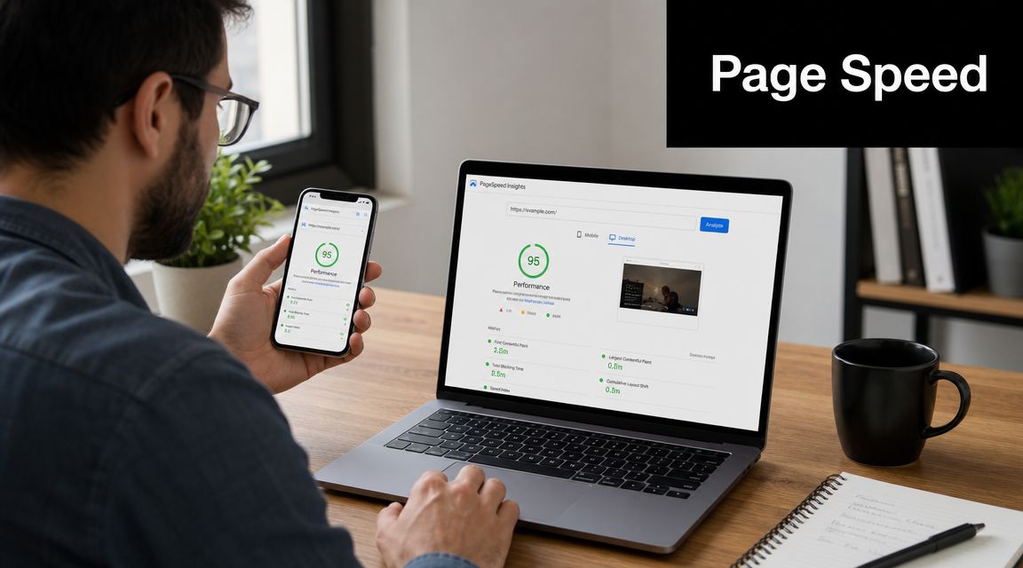 A person reviewing PageSpeed Insights performance scores on a laptop and a smartphone at a wooden desk.