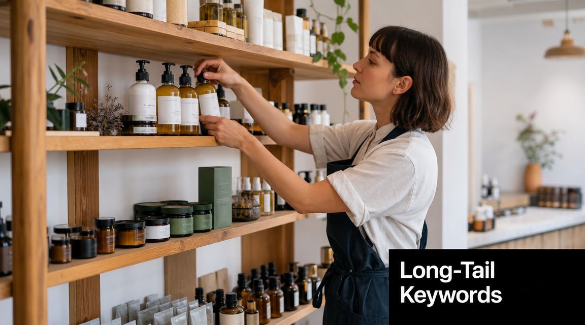 A store employee stocking shelves with organic skincare products in a minimalist boutique retail shop.