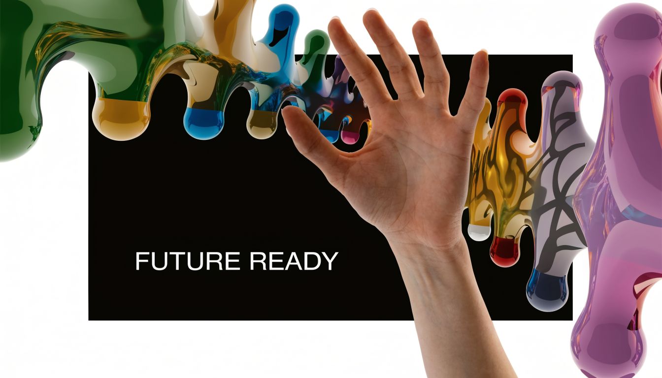 A hand reaching towards colorful liquid 3D shapes on a black background with the text Future Ready.
