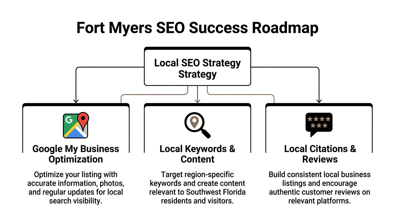 A flowchart diagram illustrating the steps for a successful local SEO strategy for businesses in Fort Myers.