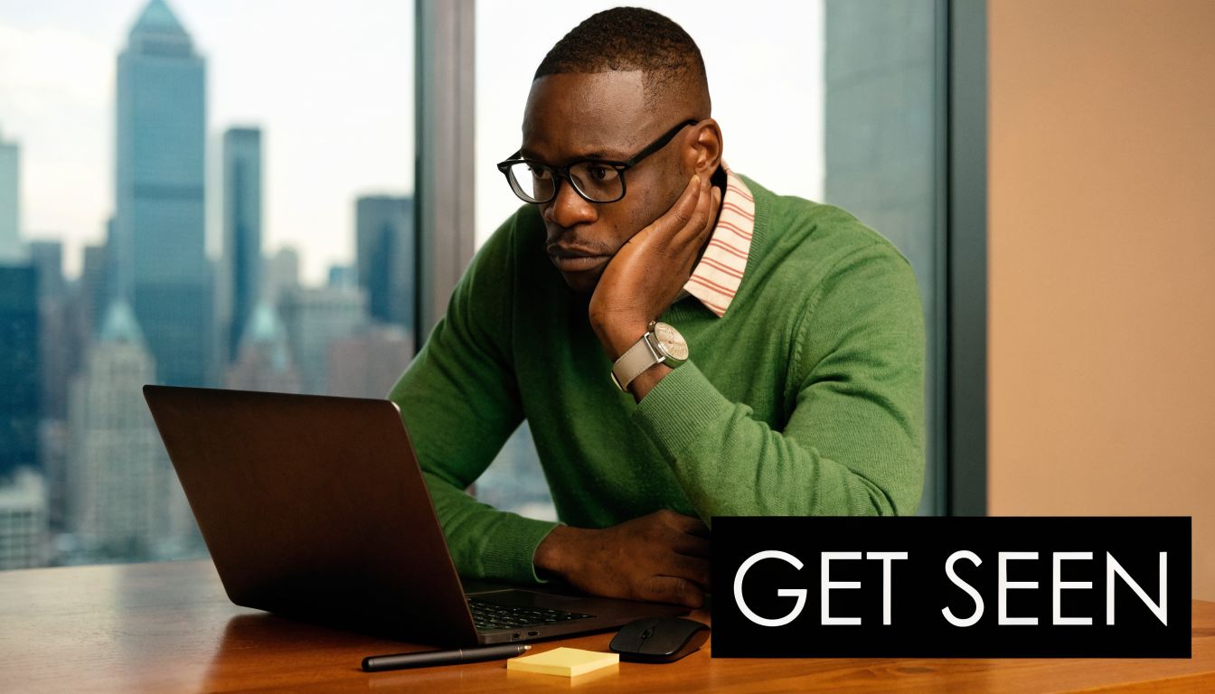 A professional man looking thoughtfully at his laptop in an office with a large city skyline background.