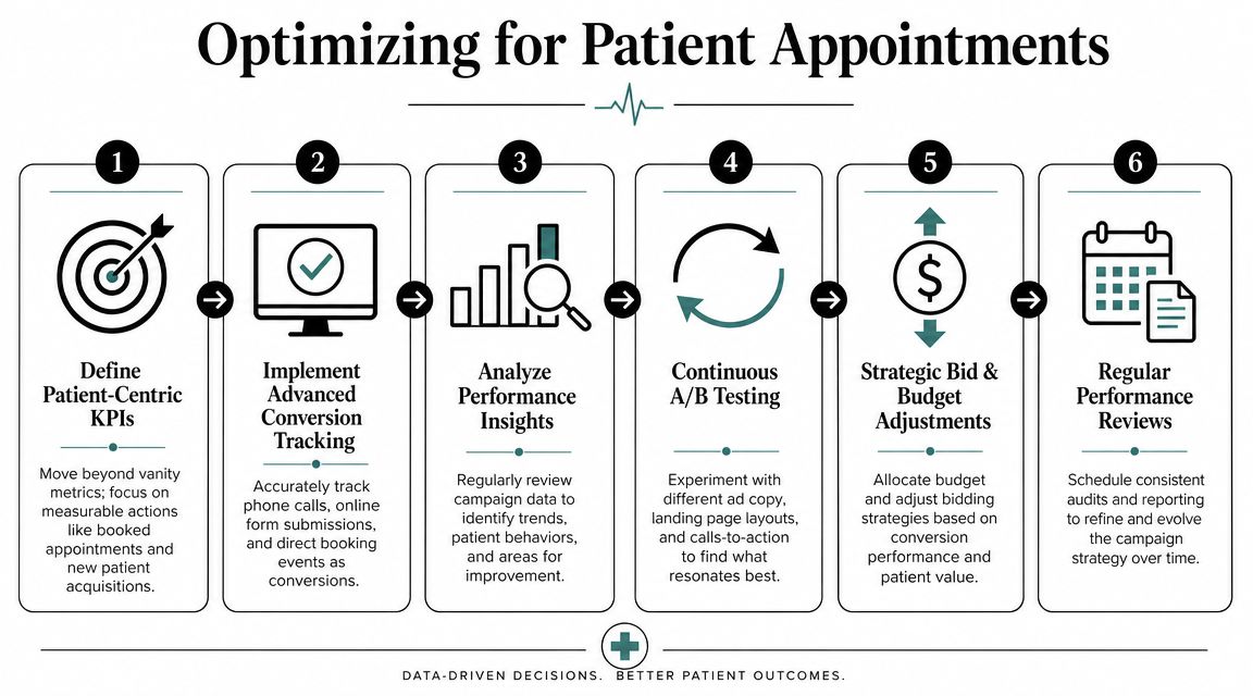 A six-step infographic illustrating a strategy for optimizing patient appointments for medical practices through digital marketing.