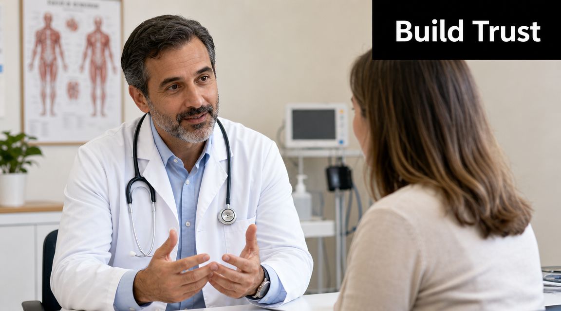 A professional doctor having a trustful consultation with a patient in a modern medical office setting.