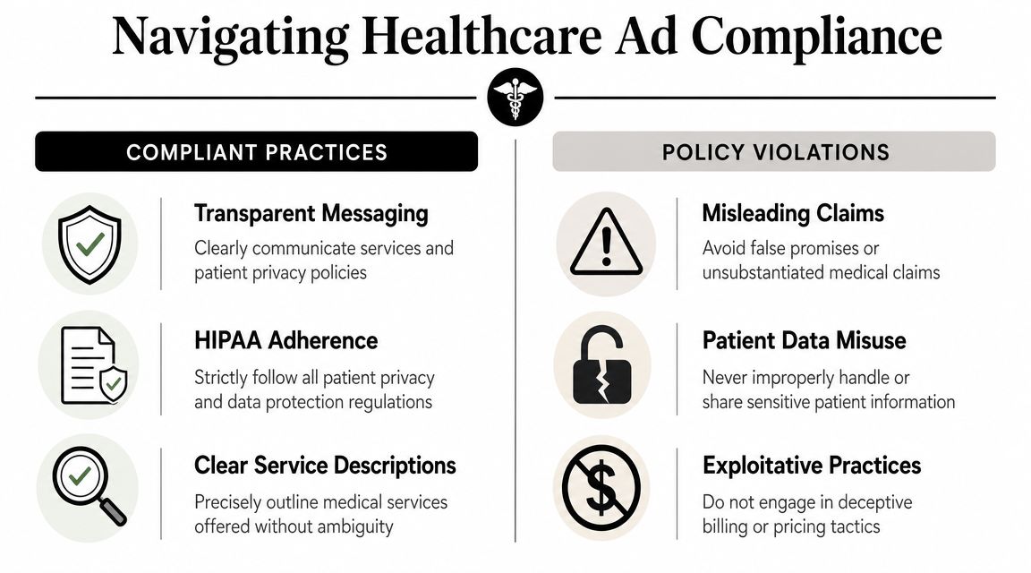 A visual guide titled Navigating Healthcare Ad Compliance, showing compliant practices versus common policy violations for medical marketing.