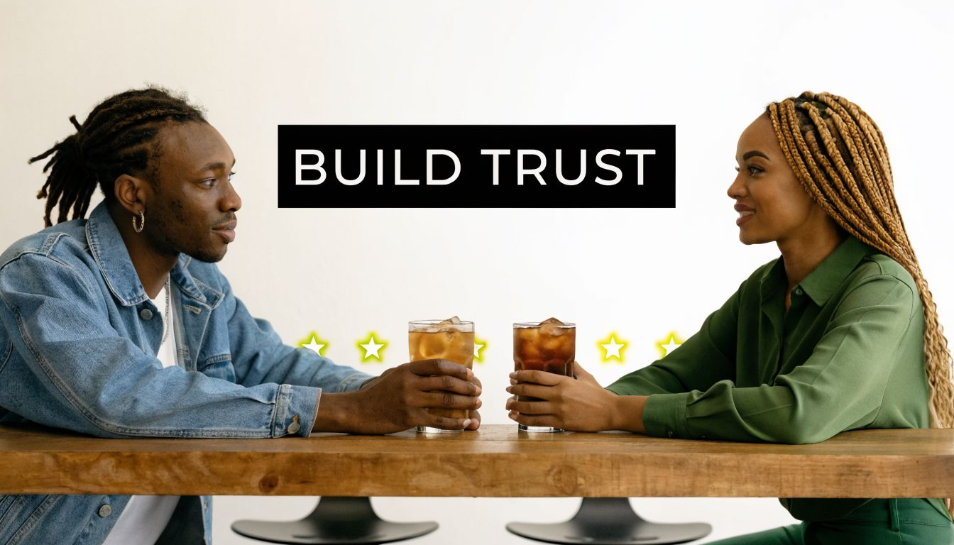 A man and woman sitting at a table with drinks and stars representing trust and relationship building.