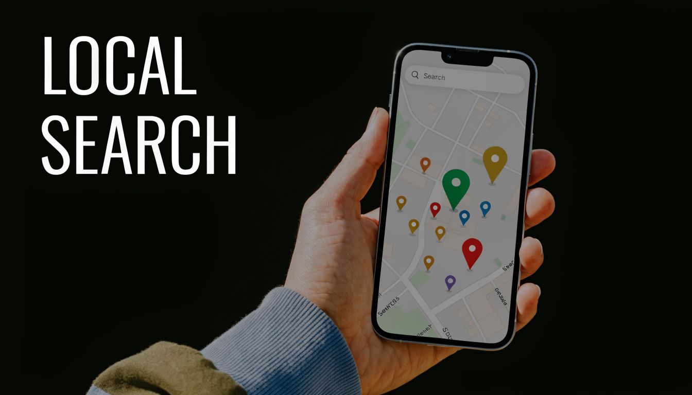 A hand holding a smartphone displaying a digital map with multiple location pins for local search.