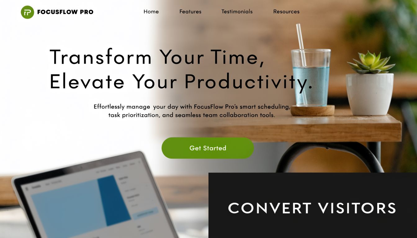A professional landing page for FocusFlow Pro productivity software featuring clean design and a Get Started button.
