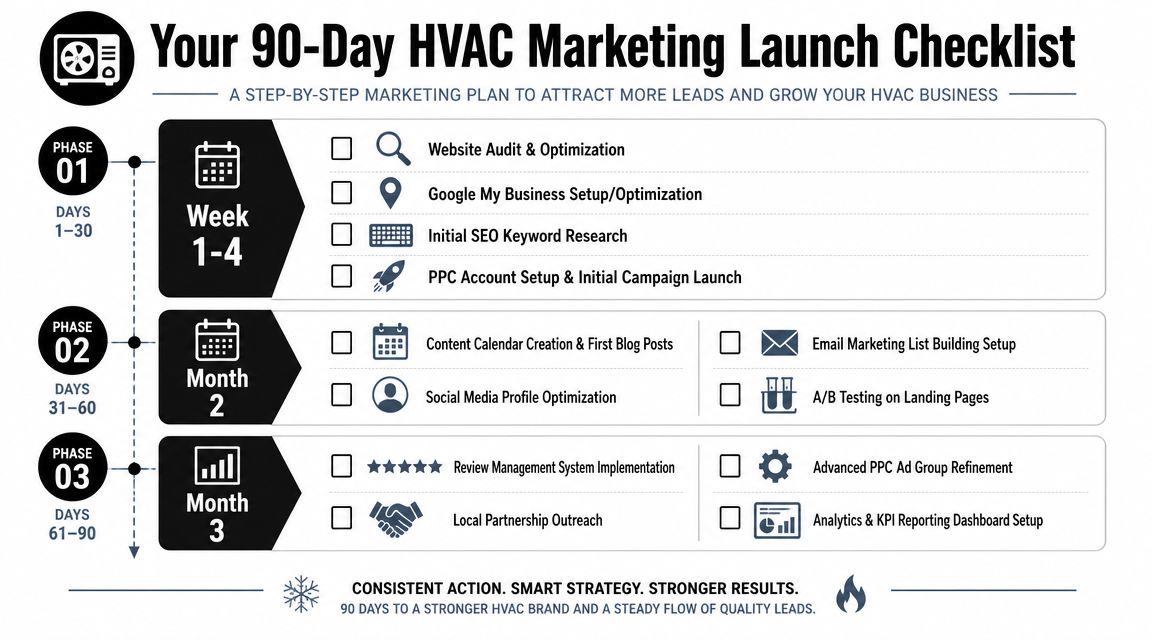 A 90-day HVAC marketing launch checklist outlining a step-by-step strategy for business lead generation and growth.