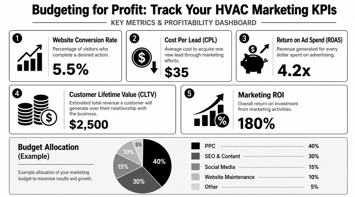 An infographic titled Budgeting for Profit showing key HVAC marketing KPIs and an example budget allocation pie chart.