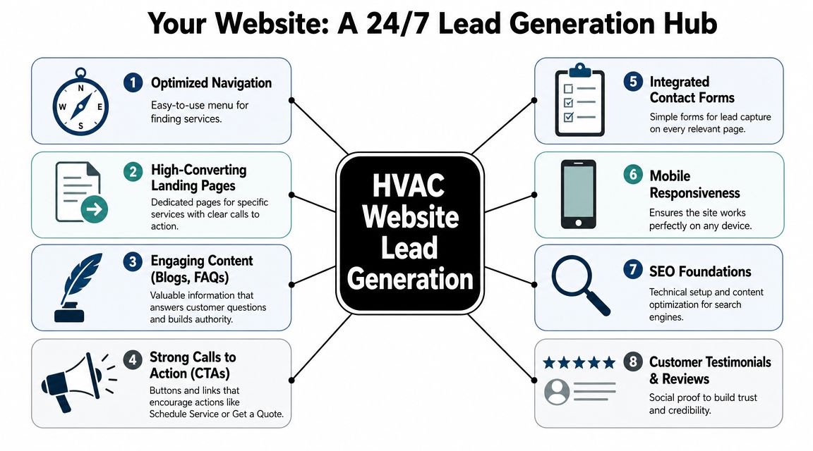 An infographic detailing eight key elements for creating a successful HVAC website lead generation strategy.