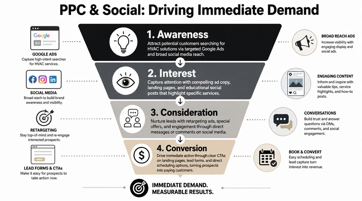 A marketing funnel diagram for HVAC companies illustrating PPC and social media strategies to drive customer demand.
