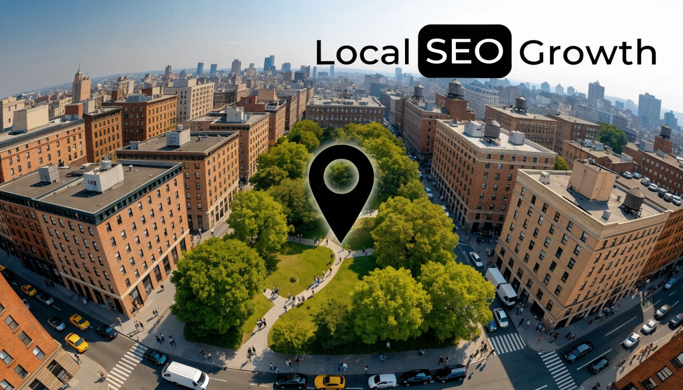 A high-angle view of a city park surrounded by brick buildings with a large map location marker.