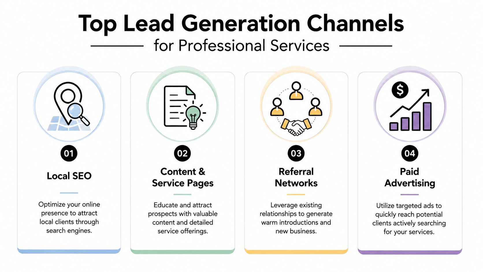 An infographic detailing four primary lead generation channels for professional services businesses, including local SEO and advertising.