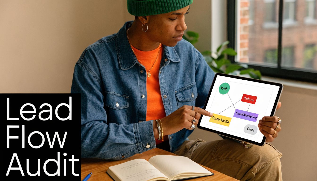 A professional analyzing a lead generation flowchart on a tablet during a business strategy meeting.
