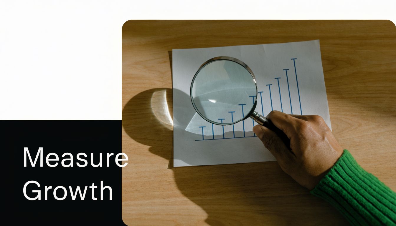 A hand holding a magnifying glass over a hand-drawn upward trending bar chart on paper.