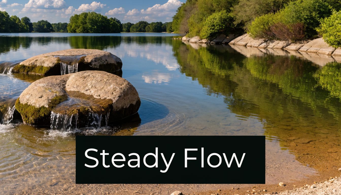 A serene lake landscape featuring two large mossy boulders with water flowing gently over their surfaces.