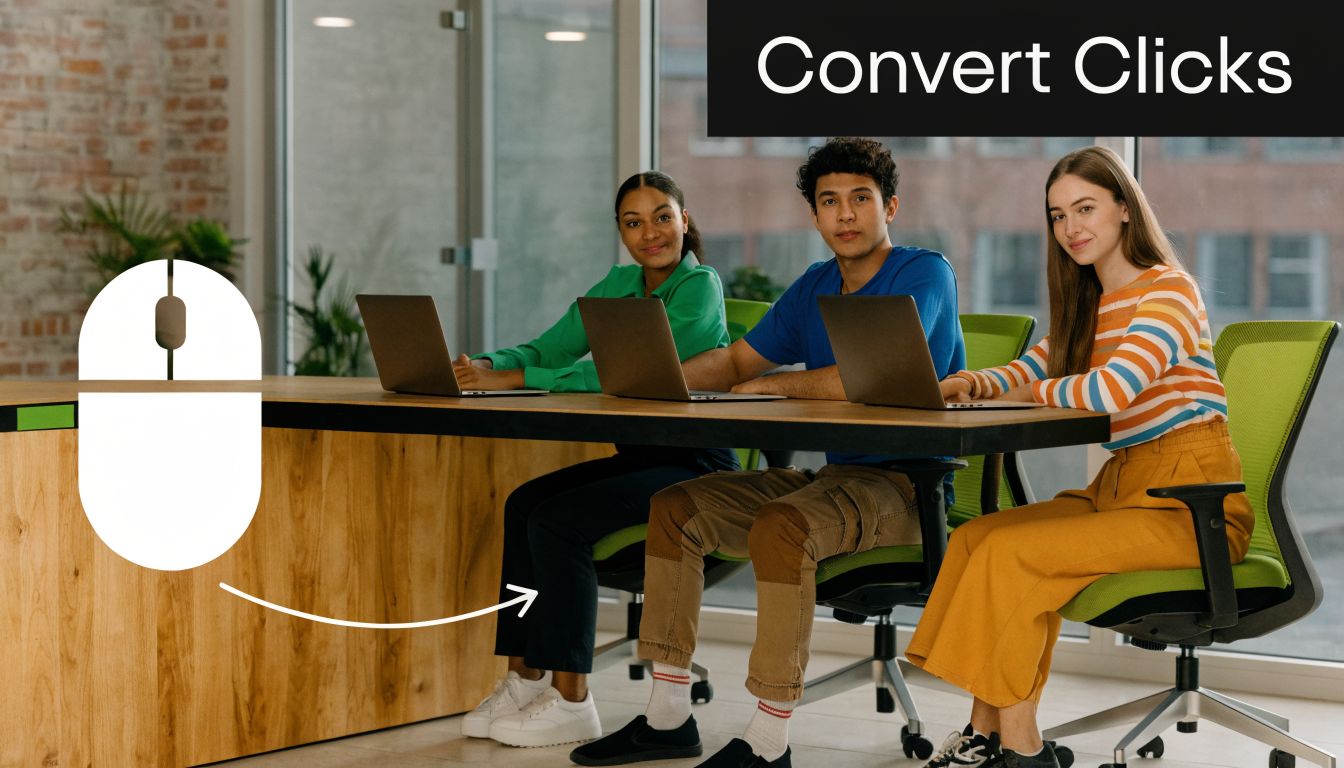 A diverse group of three young students working together on laptops at a modern wooden desk.