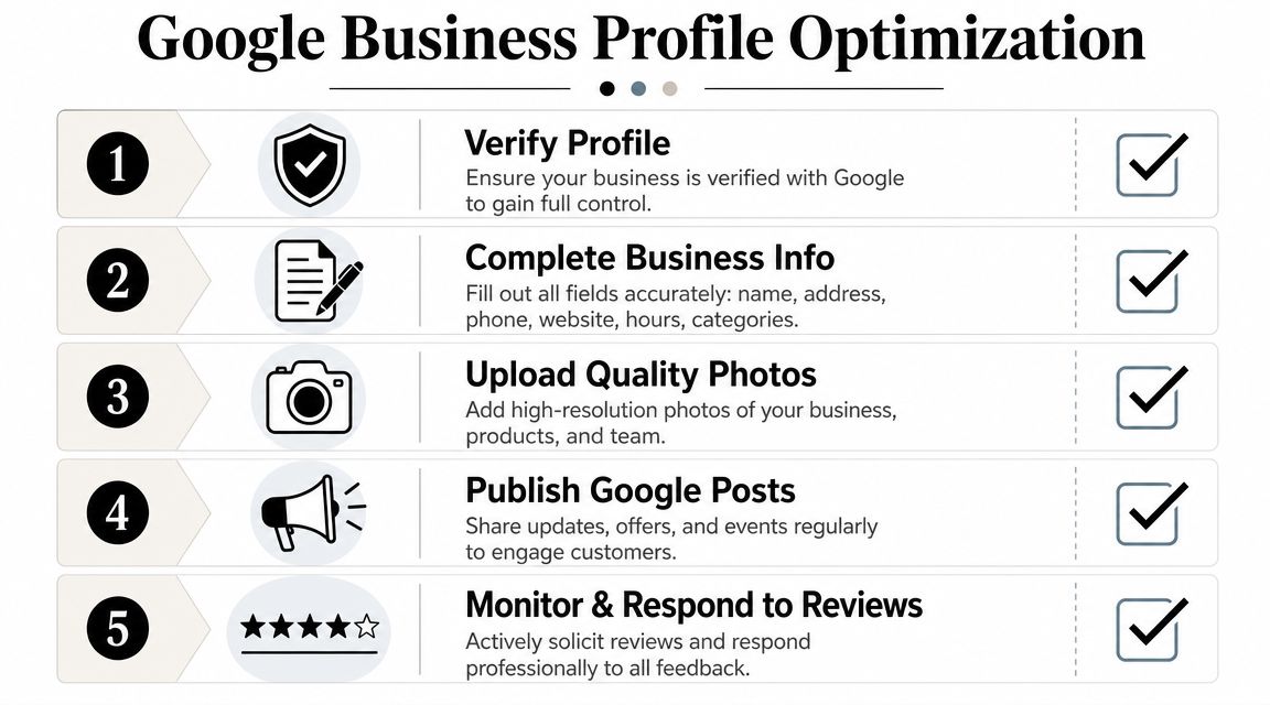 A checklist infographic illustrating five essential steps for optimizing a Google Business Profile for better local visibility.