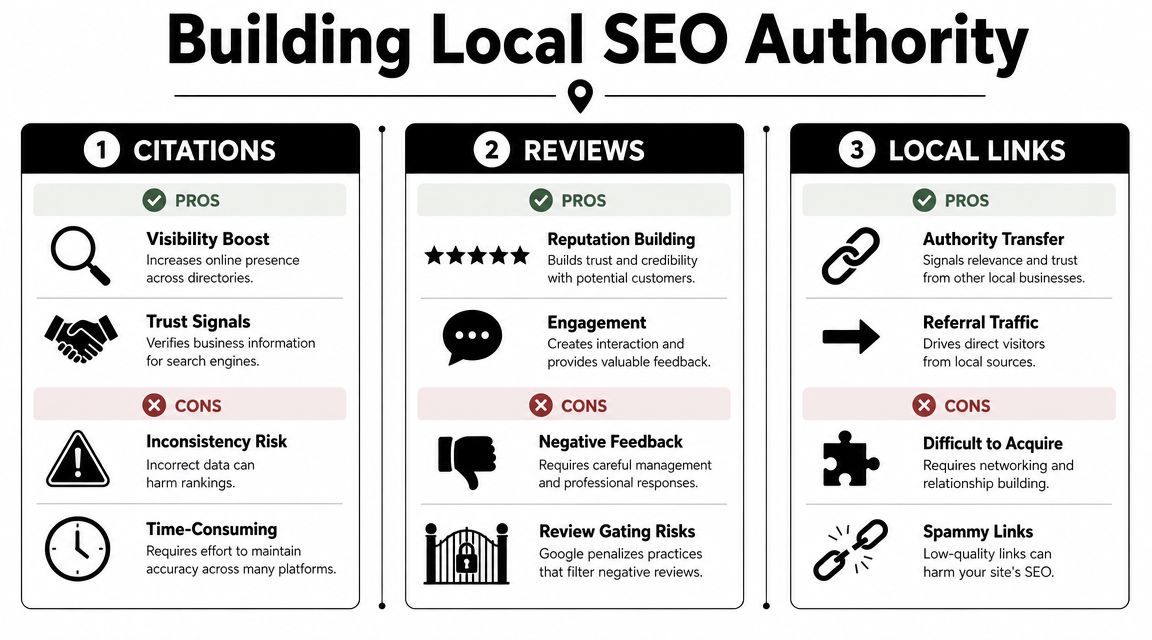 A structured infographic illustrating the pros and cons of citations, reviews, and local links for building local SEO authority.