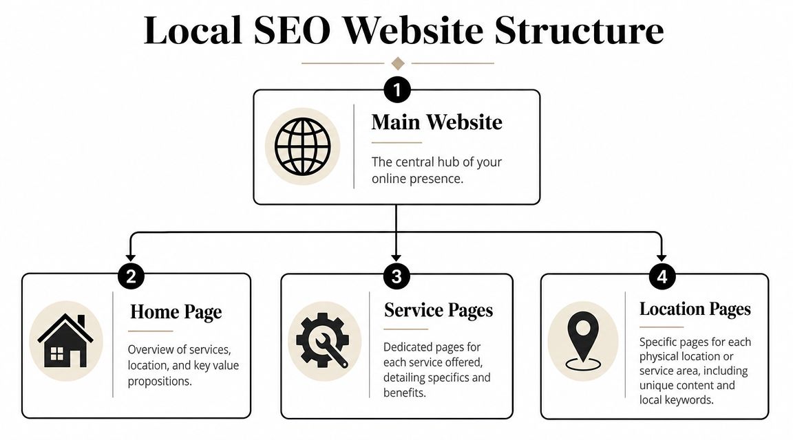 A diagram illustrating a professional local SEO website structure including main, home, service, and location pages.
