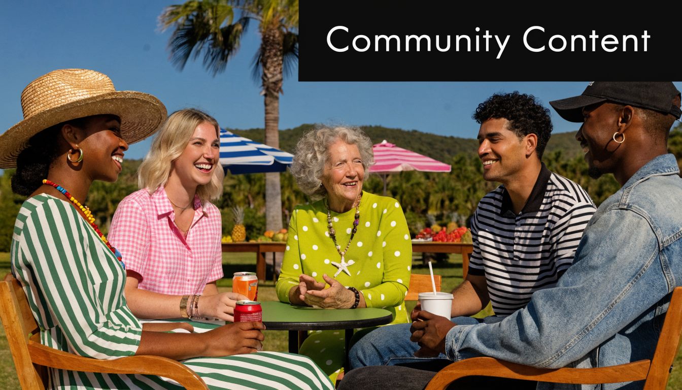 A diverse group of friends smiling and chatting while sitting around an outdoor table in the sun.