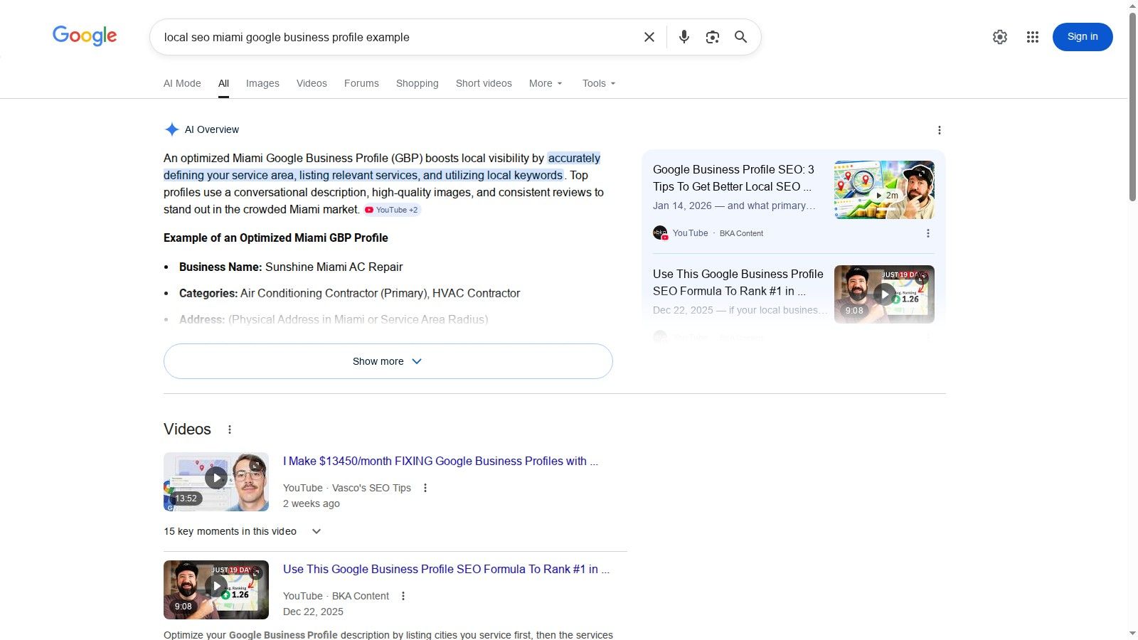 Screenshot from https://www.google.com/search?q=local+seo+miami+google+business+profile+example