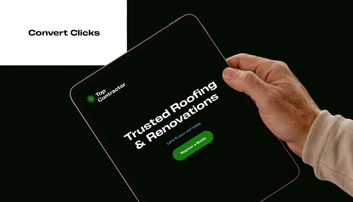 A hand holding a tablet displaying a professional roofing and renovation website for contractor advertising.