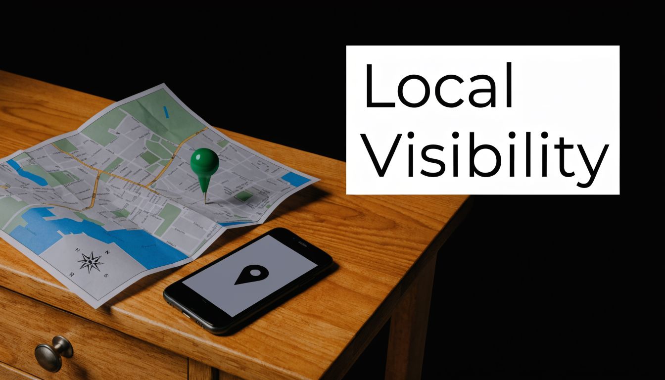 A map on a wooden table with a pin and smartphone displaying a navigation location icon.