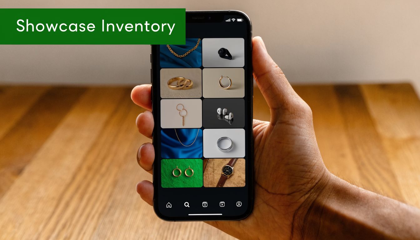 A hand holding a smartphone displaying an inventory grid of various jewelry and electronic accessories.