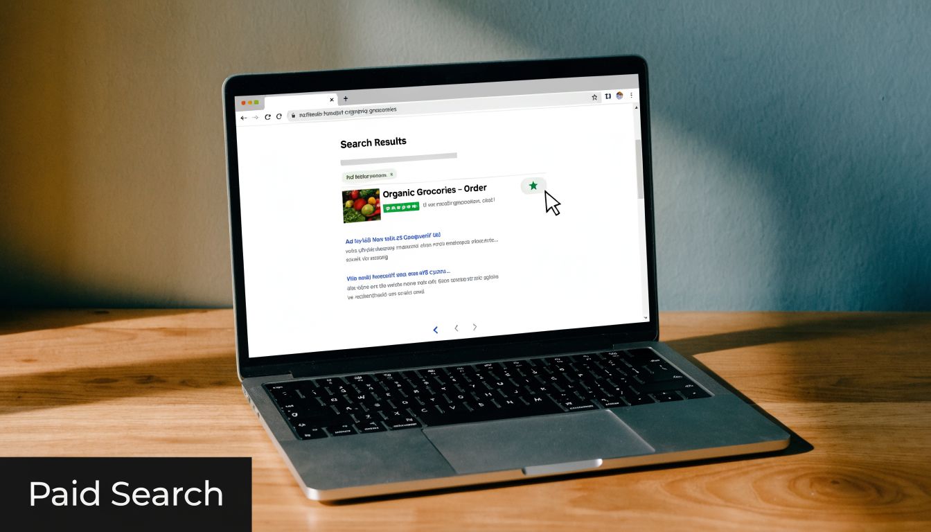 A laptop screen displaying a search results page for organic groceries with a paid search advertisement highlighted.