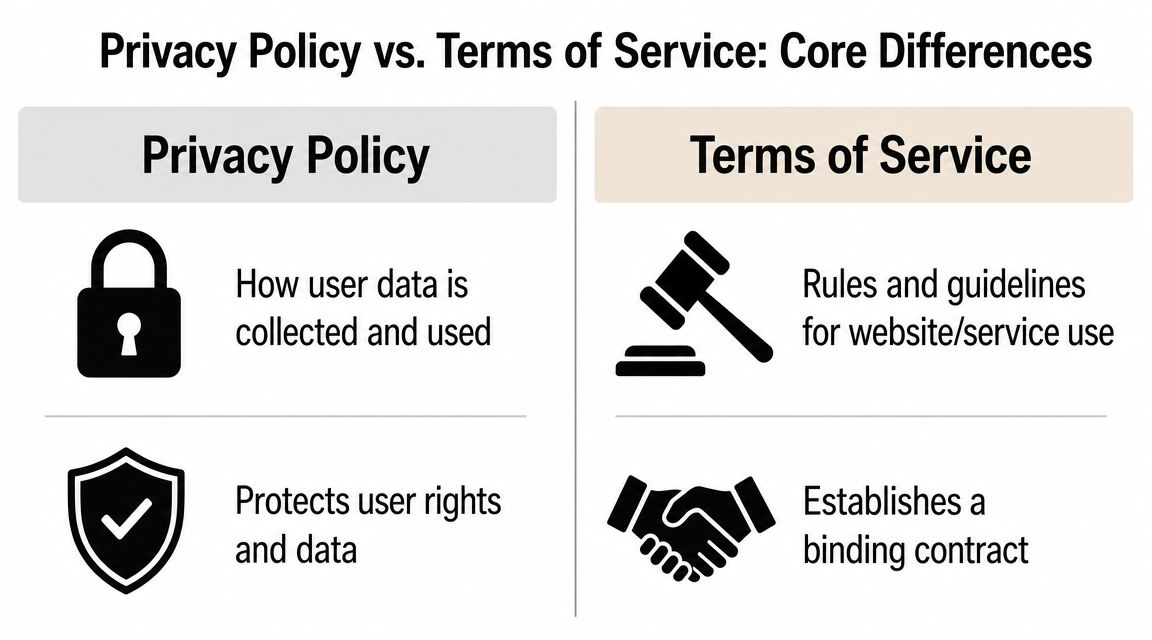 A comparison chart outlining the core differences between a website privacy policy and terms of service document.