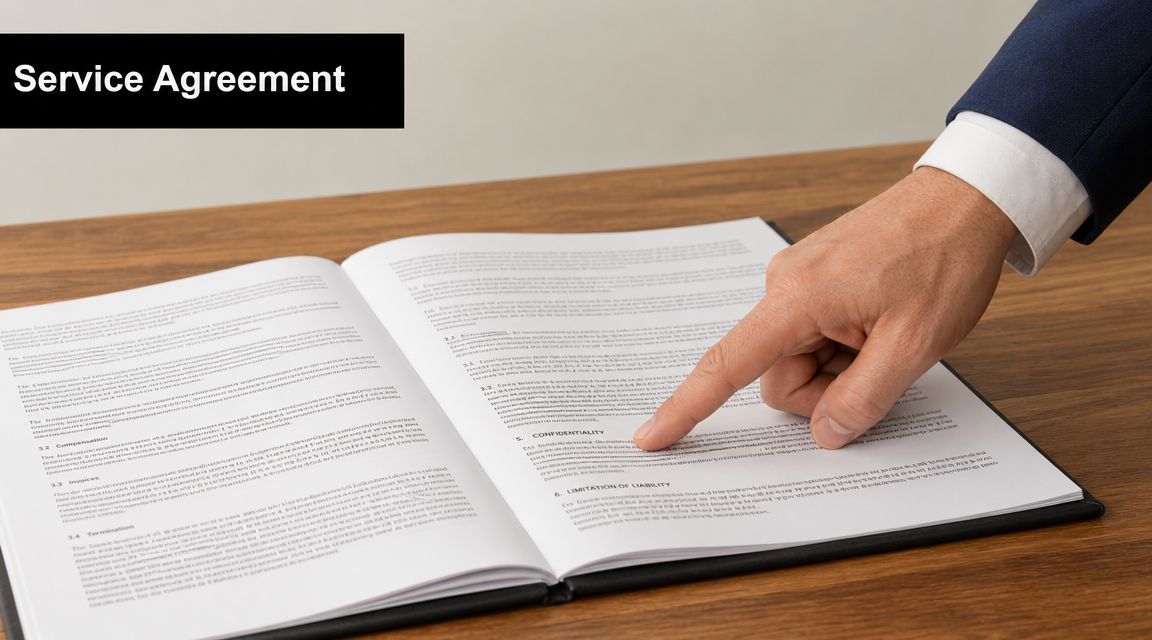 A person in a business suit points to a section in a formal printed service agreement document.