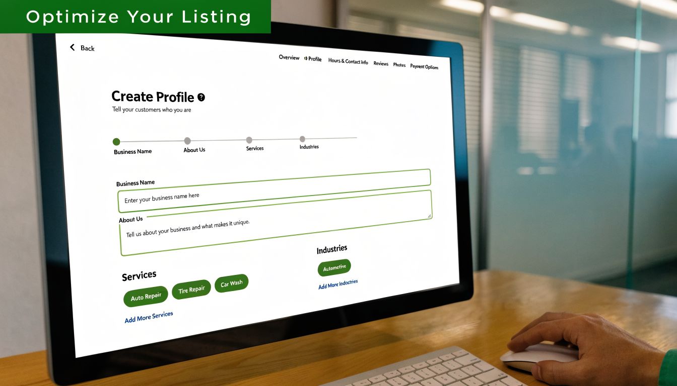 A computer monitor displaying a business profile creation interface on a website for digital business listing optimization.