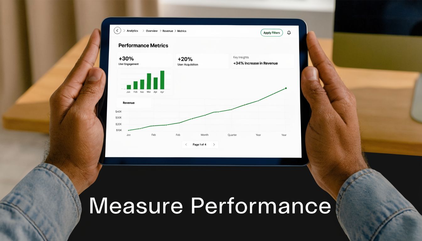 A person holding a digital tablet displaying performance analytics charts and revenue growth metrics in a professional setting.