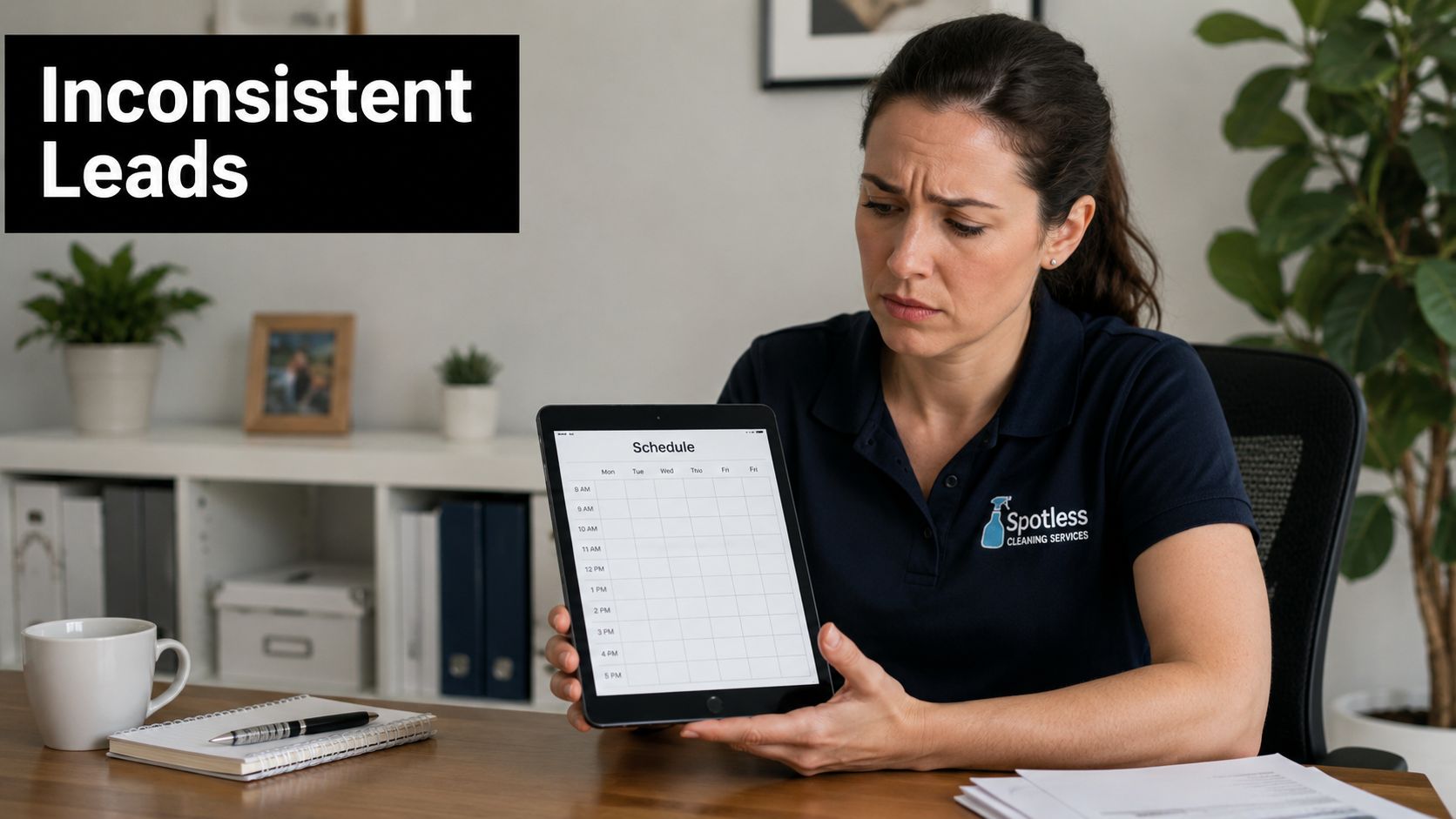 A worried cleaning business owner looks at an empty digital schedule on a tablet screen.