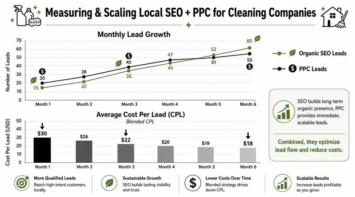 Line graph showing monthly growth of SEO and PPC leads and a bar chart showing decreasing cost per lead.