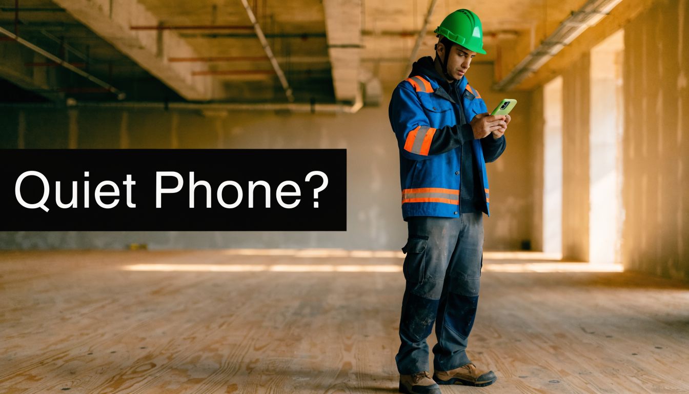 A construction worker in a hard hat standing in a building site looking at his phone.